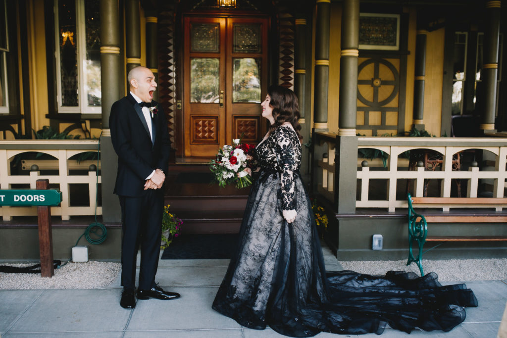 SoCal Wedding Photography: Top 20 Moments of first look, groom shocked bride wearing black wedding dress