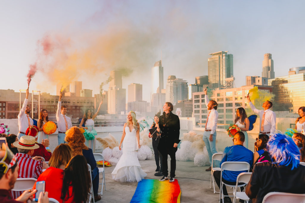 SoCal Wedding Photography: Top 20 Moments of color smoke bombs during ceremony in downtown LA